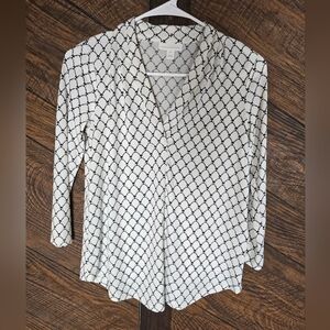 Charter Club White and Black Patterned Blouse Petite (Size PP)